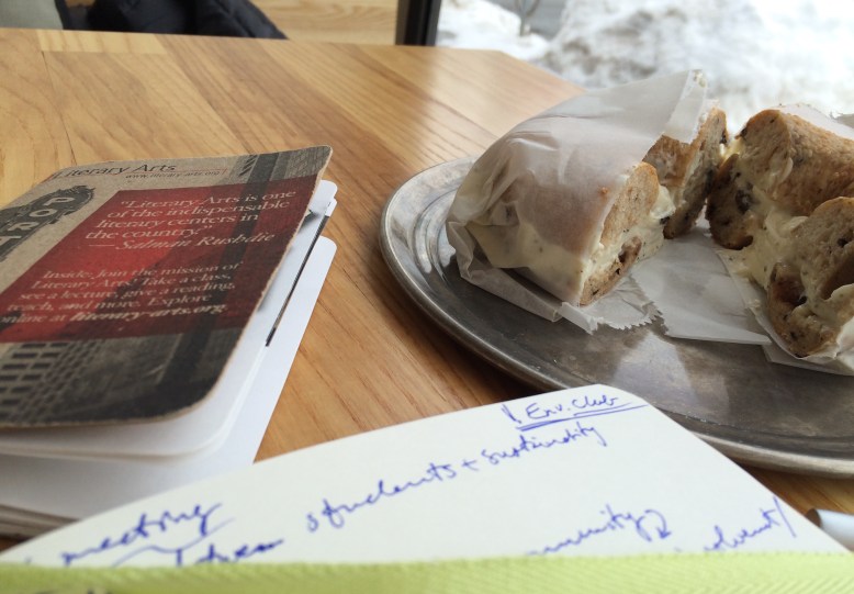 Black olive bagel with honey rosemary cream cheese